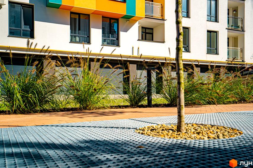 Новобудова ЖК Квартал Краківський з білою стіною, жовтими та бірюзовими вставками. Прибудинкова територія з деревом та декоративною травою.