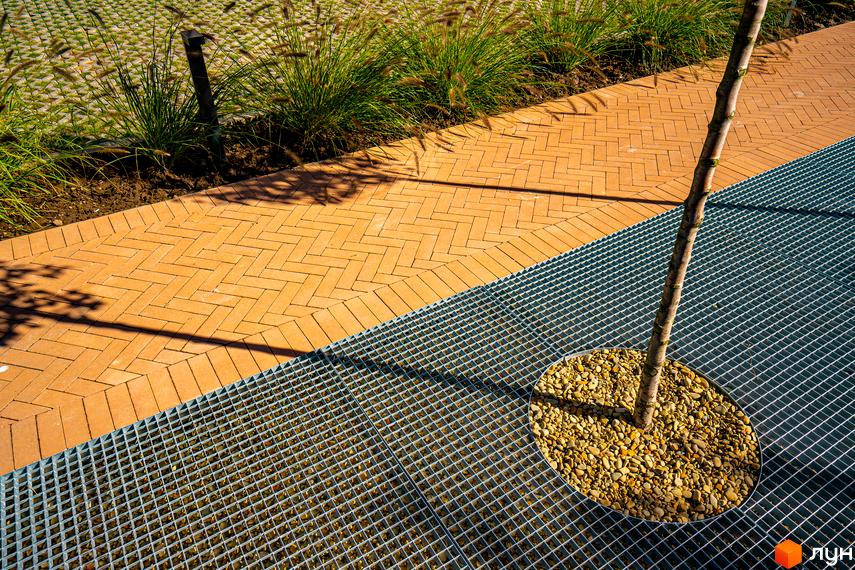 Житловий комплекс Квартал Краківський. Територія з бруківки, решітки та молодого дерева.