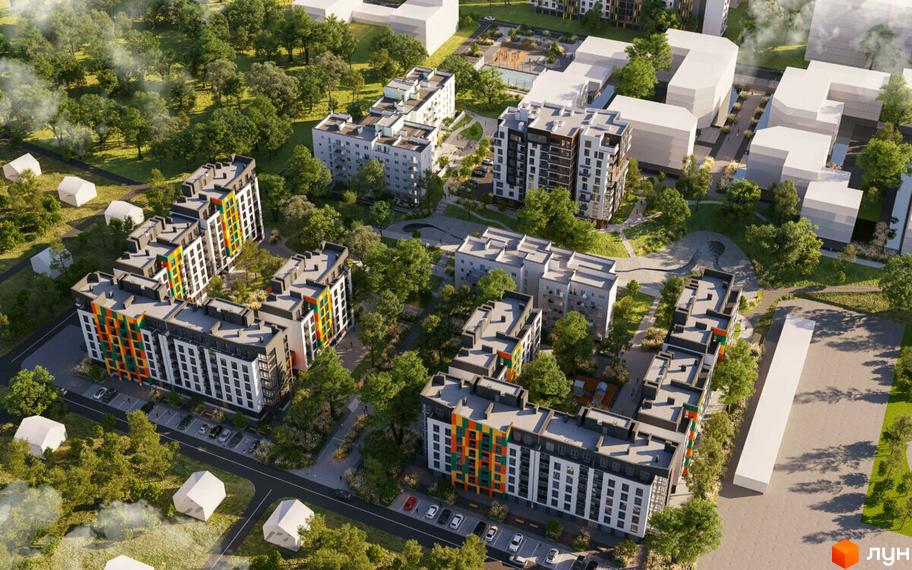 Житловий комплекс Квартал Краківський. Сучасні новобудови з яскравими фасадами та доглянутою прибудинковою територією з деревами та місцями для відпочинку.