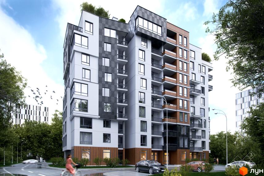 Зовнішній вигляд новобудови Квартал Краківський з сірими та дерев'яними елементами фасаду та балконами. Навколо будинку зелені насадження та дорога з автомобілями.