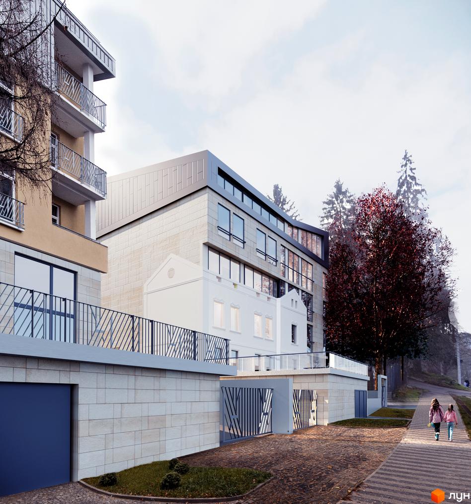 Зображення фасаду Житлового комплексу Ferrum Park та прибудинкової території. На передньому плані пішохідна доріжка та діти.