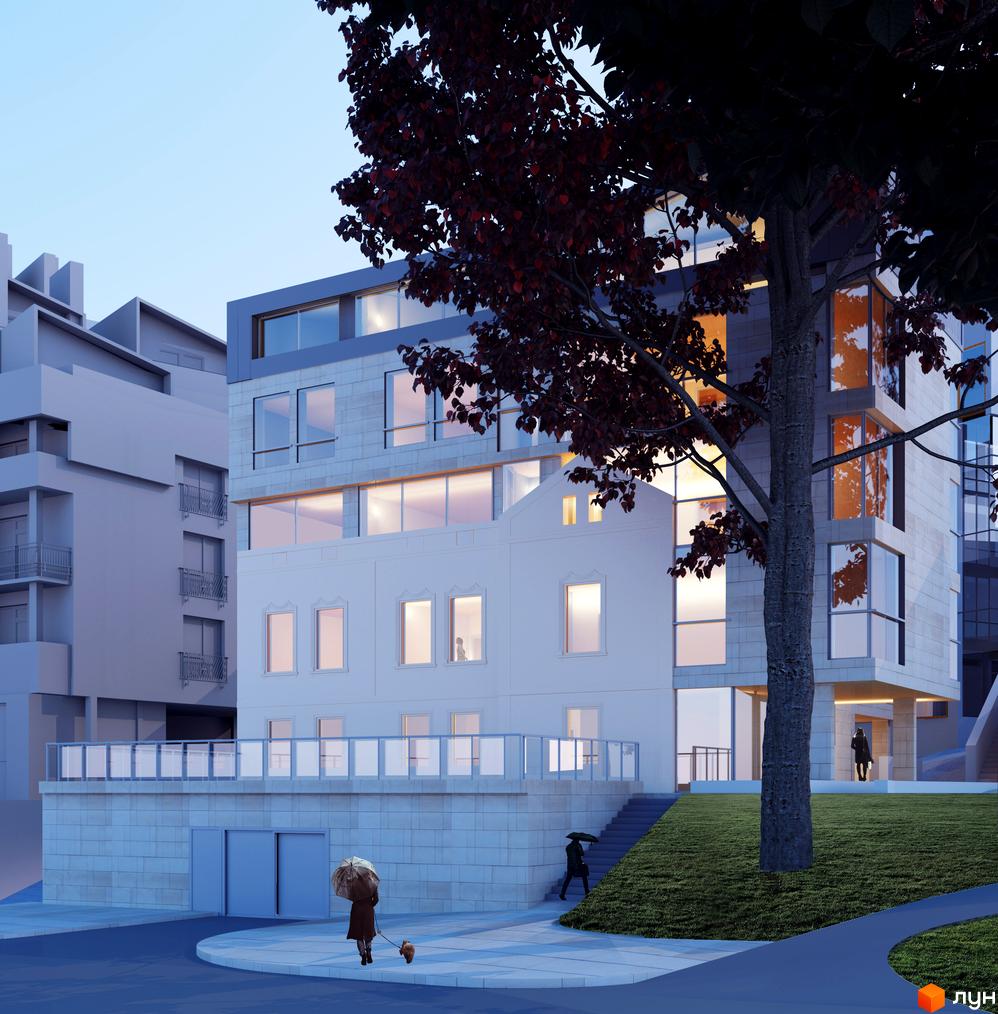 Зображення фасаду та прибудинкової території Житлового комплексу Ferrum Park. Вигляд будинку з вулиці, поруч зелена зона.