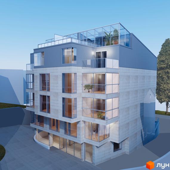 Зображення Житлового комплексу Ferrum Park: багатоповерховий будинок з великими вікнами та скляним дахом. Навколо будівлі облаштована територія.