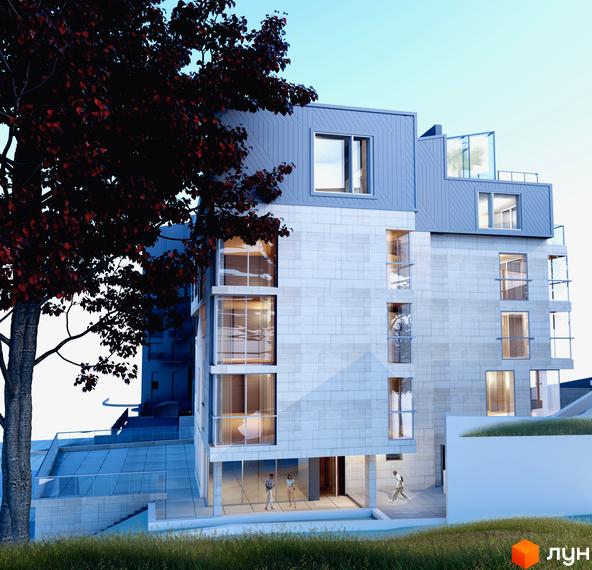 Зображення фасаду Житлового комплексу Ferrum Park з великими вікнами та прибудинковою територією з газоном.