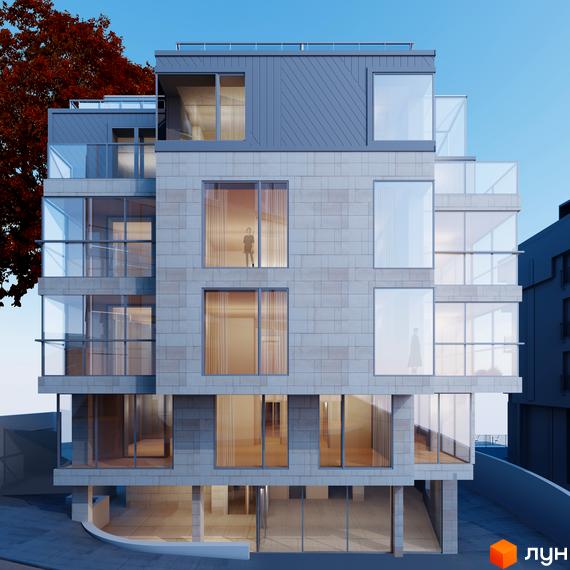 Зображення фасаду будинку Житлового комплексу Ferrum Park з великими вікнами та сірим оздобленням. Навколо будівлі видно зелені насадження.