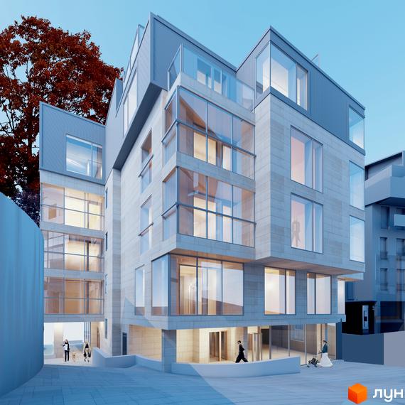 Зображення фасаду Житлового комплексу Ferrum Park з великими вікнами. На передньому плані пішохідна зона.