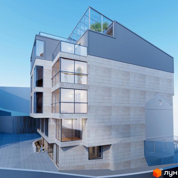 Зображення фасаду будинку Житлового комплексу Ferrum Park. На передньому плані видно двір з пішохідною зоною.