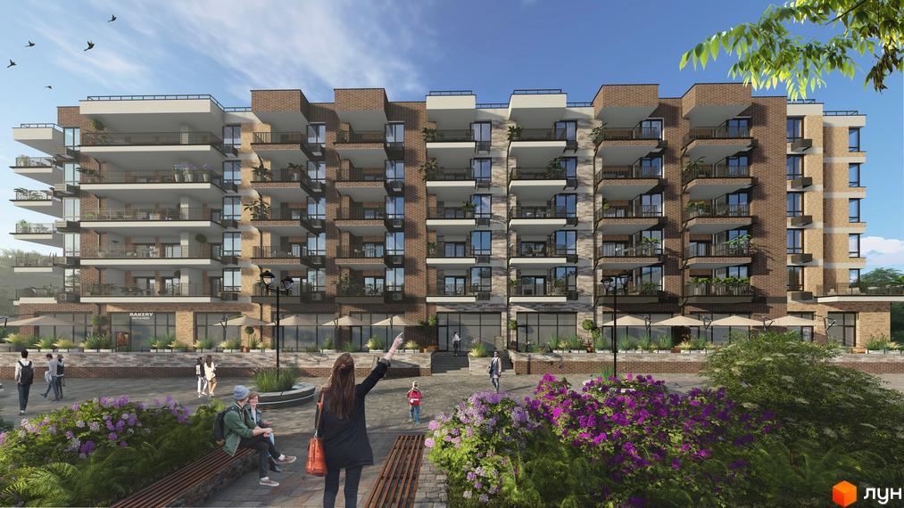 Житловий комплекс CENTRAL PARK з цегляним фасадом та балконами. На прибудинковій території розташовані зелені насадження та місця для відпочинку.