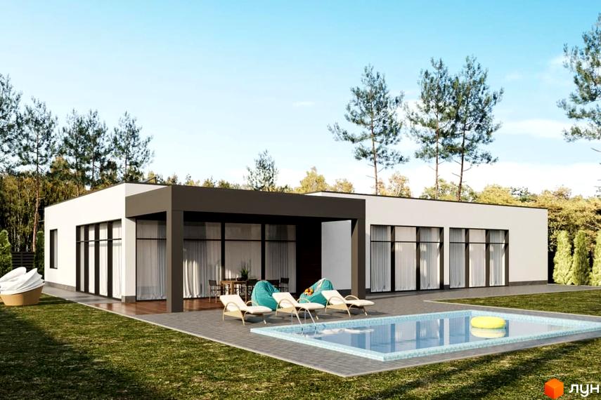 Котеджне містечко Azimut River Club: одноповерховий будинок з великими вікнами, терасою та басейном. Навколо будинку зелена галявина та дерева.