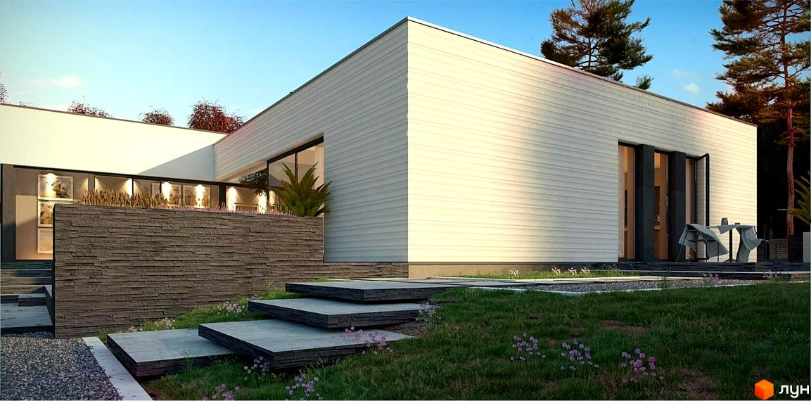 Котеджне містечко Azimut River Club з білими стінами та великими вікнами, оточене зеленню та кам'яною стіною.