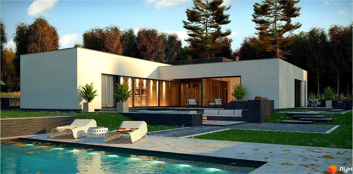 Котеджне містечко Azimut River Club: одноповерховий будинок з великими вікнами та басейном. Територія навколо будинку облаштована зонами відпочинку з шезлонгами та диванами.