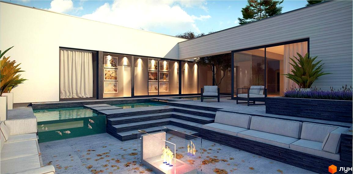 Котеджне містечко Azimut River Club. Зовнішній вигляд будинку з басейном, зоною відпочинку та каміном.