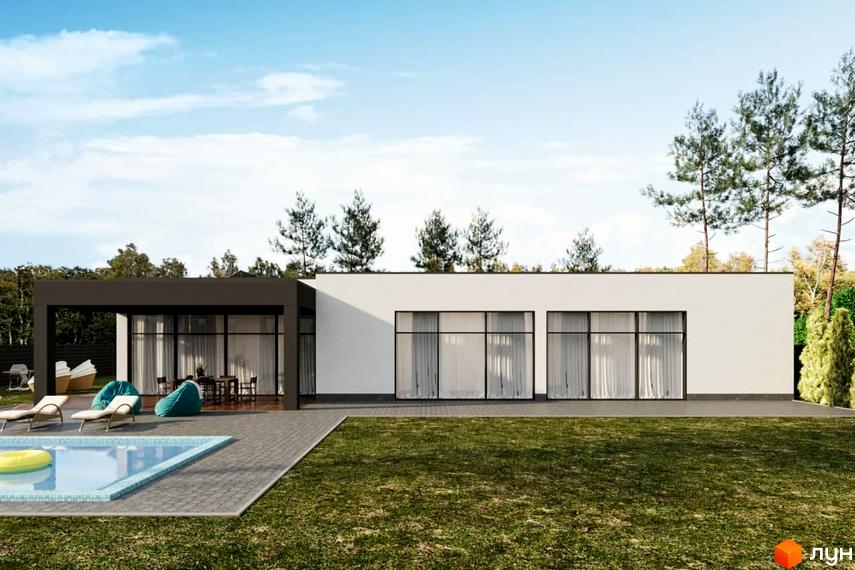 Котеджне містечко Azimut River Club: одноповерховий будинок з великими вікнами та терасою, поруч басейн та зелена галявина.