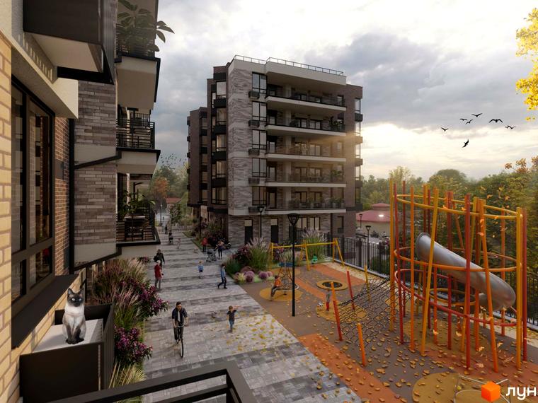 Житловий комплекс CENTRAL PARK з цегляним фасадом та балконами, дитячим майданчиком та зеленими зонами.