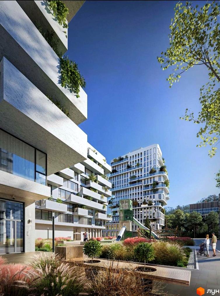 Житловий комплекс Five Address з білими фасадами, балконами з рослинами та дитячим майданчиком. Навколо будівель розташована зелена прибудинкова територія з зонами відпочинку.