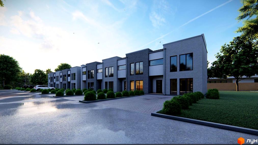 Таунхауси Царське Село - сучасна житлова забудова з парковкою та зеленими зонами. Зовнішній вигляд будинків виконаний у сірих тонах з великими вікнами.