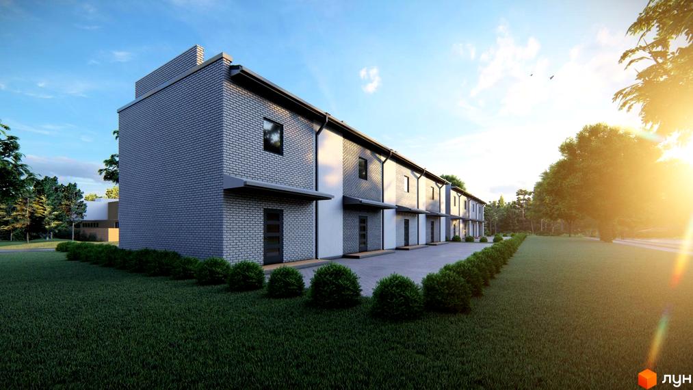 Таунхауси Царське село з сірої цегли з білими вставками, розташовані на зеленій ділянці з доглянутими кущами та деревами.