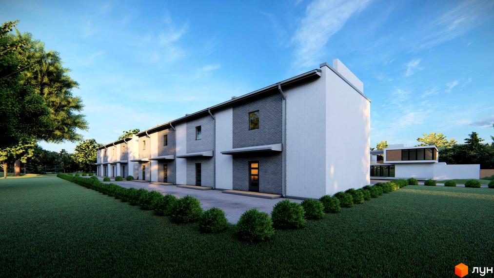 Таунхауси Царське село – двоповерхові будинки з білою та сірою обробкою фасадів, вікнами та дверима, розташовані на зеленій галявині з кущами.