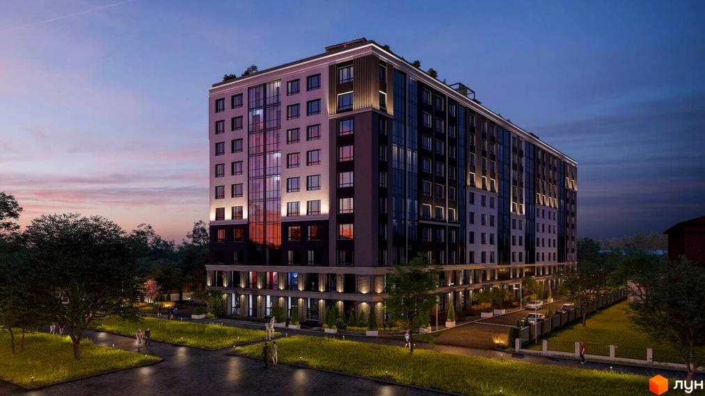 Житловий комплекс CENTR CITY з фасадом з темних та світлих панелей та великою кількістю скління. Навколо будинку облаштована прибудинкова територія з доріжками та зеленими насадженнями.