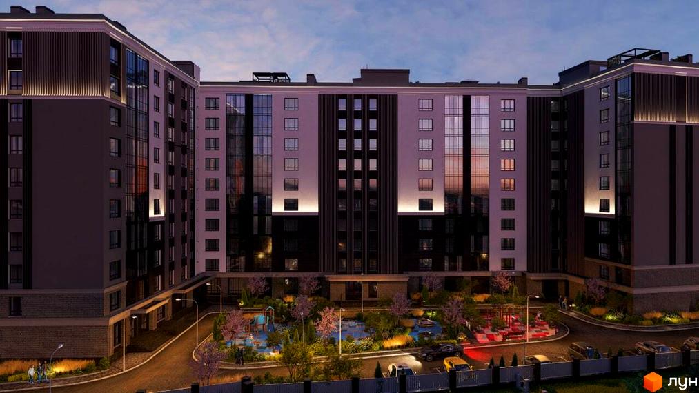 Новобудова ЖК CENTR CITY з підсвіченими фасадами та вікнами, з прибудинковою територією з дитячим майданчиком та місцями для відпочинку.