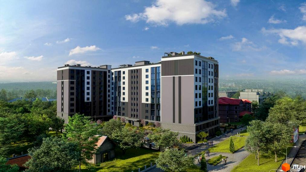 Житловий комплекс CENTR CITY – це багатоповерховий будинок з сірими та білими фасадами, розташований серед зелених дерев та газонів.