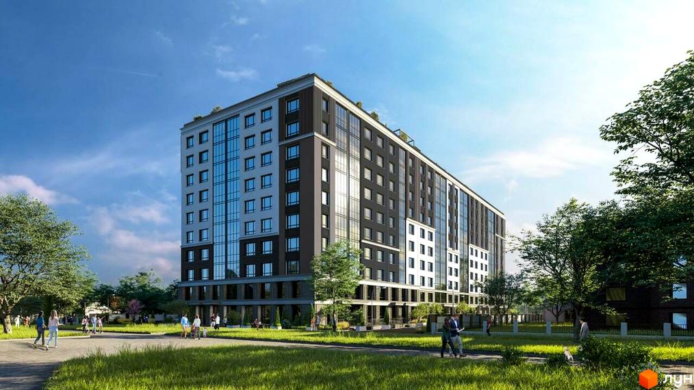 Зовнішній вигляд житлового комплексу ЖК CENTR CITY з великою кількістю вікон та благоустроєною прибудинковою територією з деревами та пішохідними доріжками.