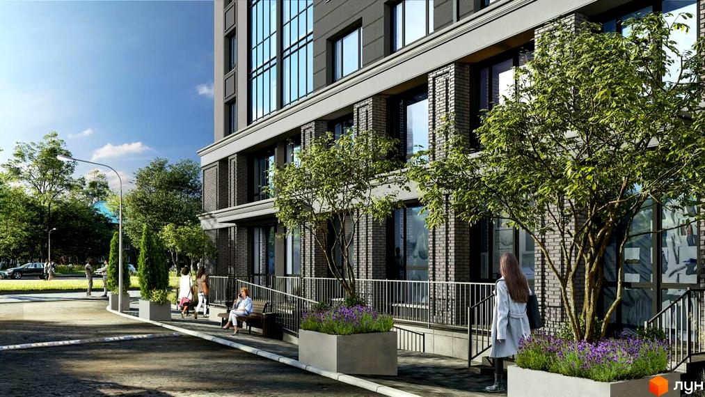 Житловий комплекс CENTR CITY з цегляним фасадом та великими вікнами, облаштованою прибудинковою територією з деревами та квітами.