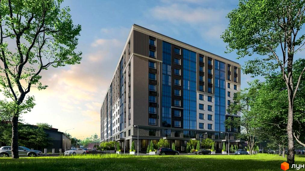 Новобудова ЖК CENTR CITY з панорамними вікнами та зеленою прибудинковою територією. Зовнішній вигляд будівлі та навколишній ландшафт.