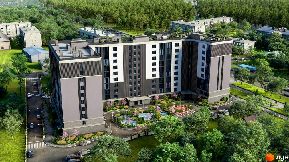 Комплекс CENTR CITY з сірими та білими фасадами, вікнами, що виходять на обидві сторони, та прибудинковою територією з зеленими зонами та дитячими майданчиками.