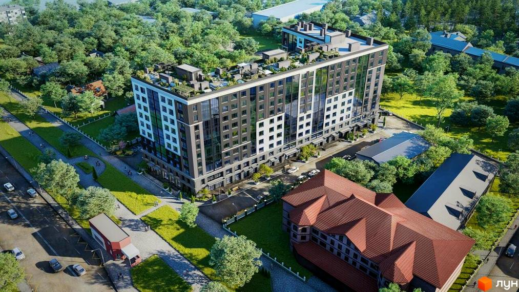 Житловий комплекс CENTR CITY з фасадом з темних та світлих панелей та великою кількістю вікон, оточений зеленою зоною з деревами та доріжками.