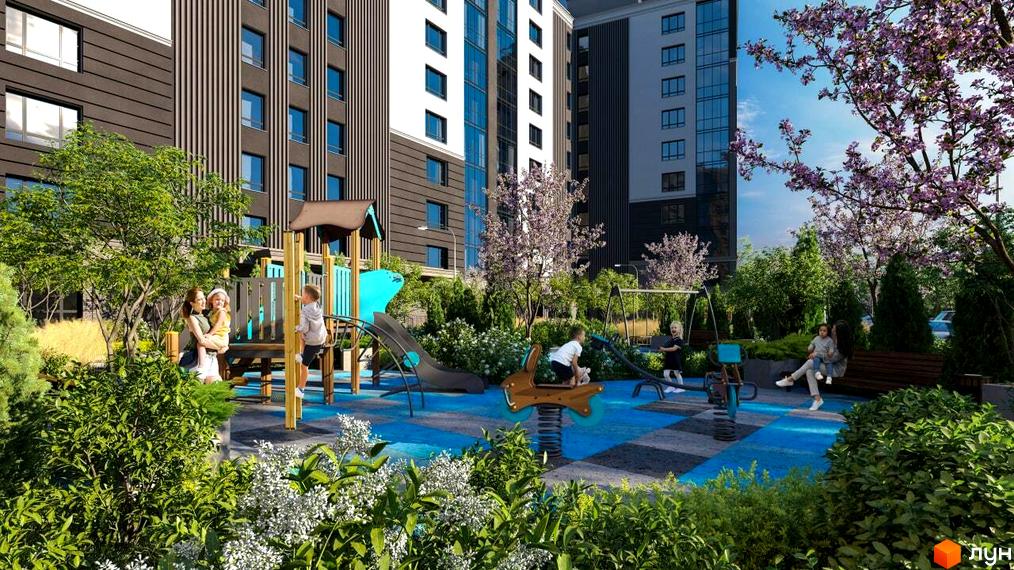 Житловий комплекс CENTR CITY з дитячим майданчиком та зонами відпочинку. Зелена прибудинкова територія з деревами та квітами.