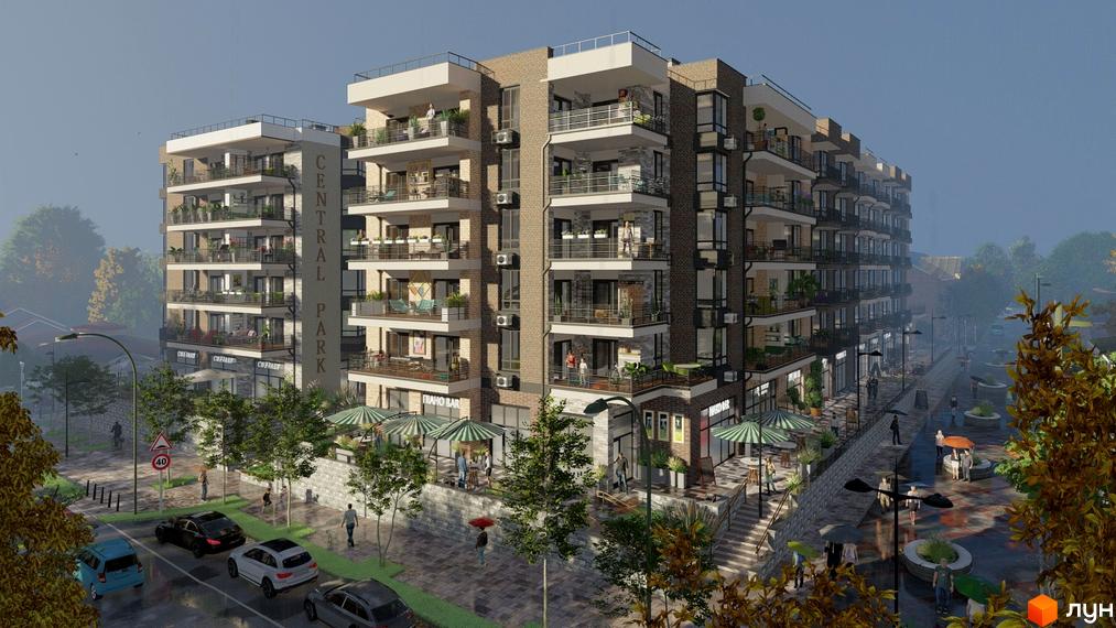 Житловий комплекс CENTRAL PARK: цегляна будівля з балконами та магазинами на першому поверсі. Поруч – вулиця з деревами та пішохідною зоною.