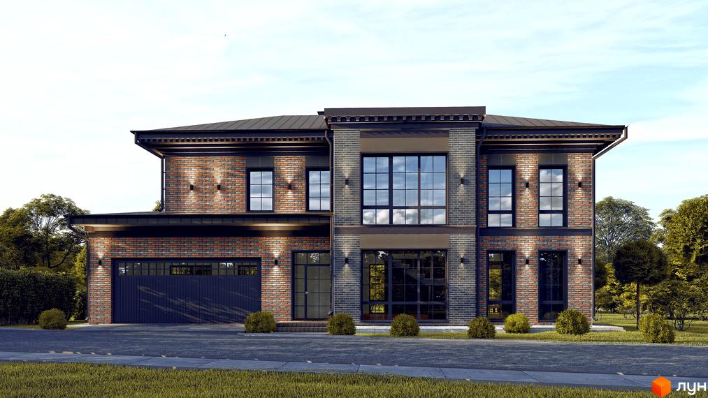 Сучасний котеджний комплекс КМ LakeWood 2 з цегляним фасадом та великими вікнами, розташований серед дерев.