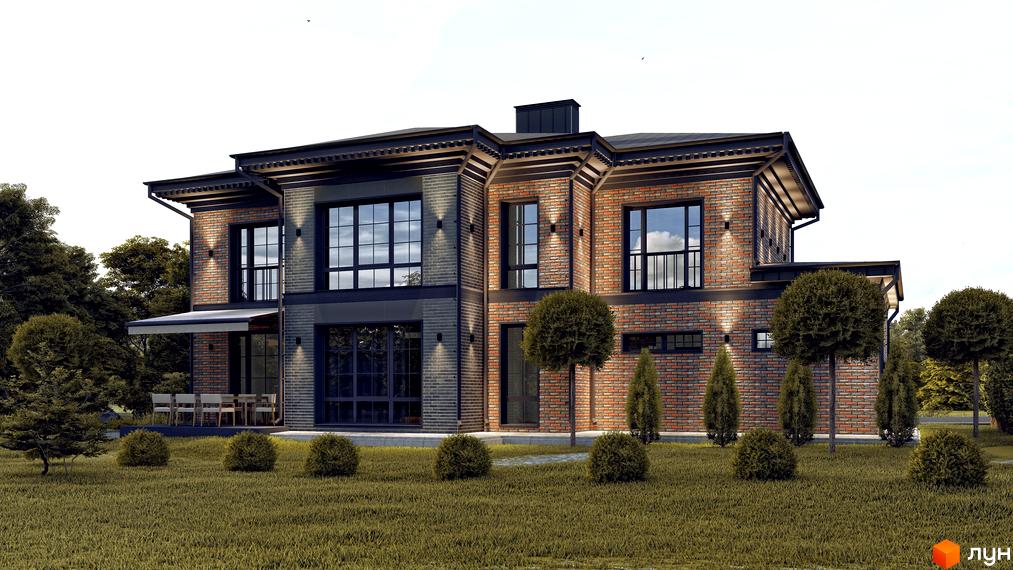 Котеджне містечко КМ LakeWood 2: двоповерховий будинок з цегляним фасадом та великими вікнами, оточений доглянутим газоном та деревами.