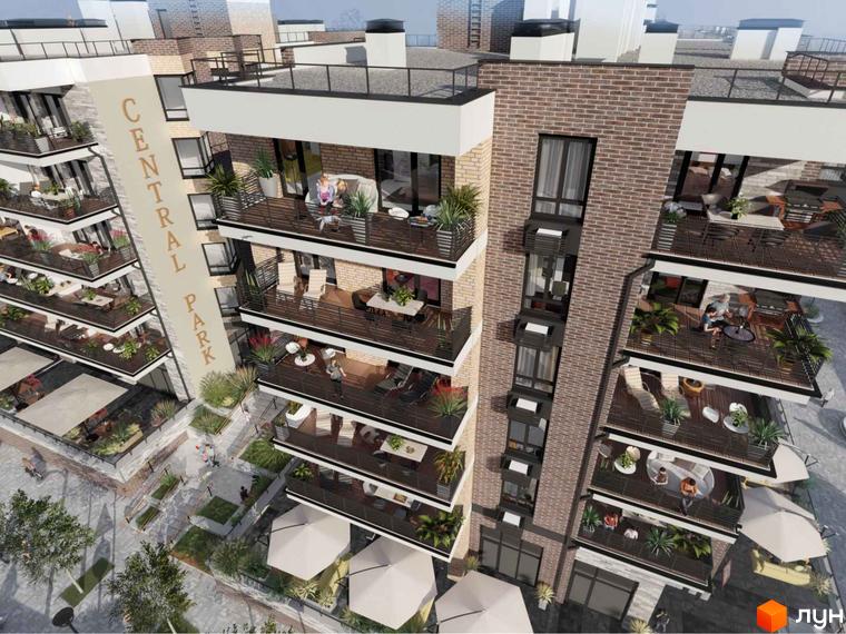 Зовнішній вигляд житлового комплексу CENTRAL PARK з численними балконами та терасами, що виходять на зелену прибудинкову територію з місцями для відпочинку.