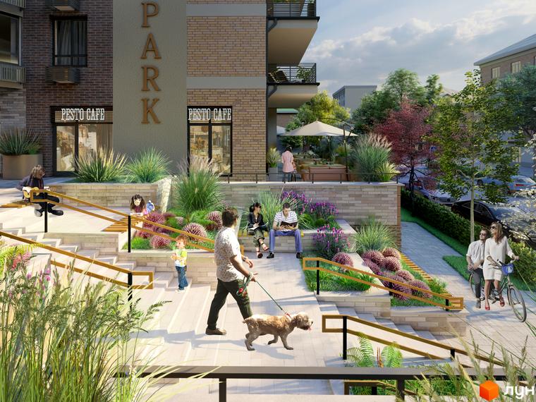 Житловий комплекс CENTRAL PARK з цегляним фасадом та озелененою прибудинковою територією зі сходами та місцями для відпочинку.