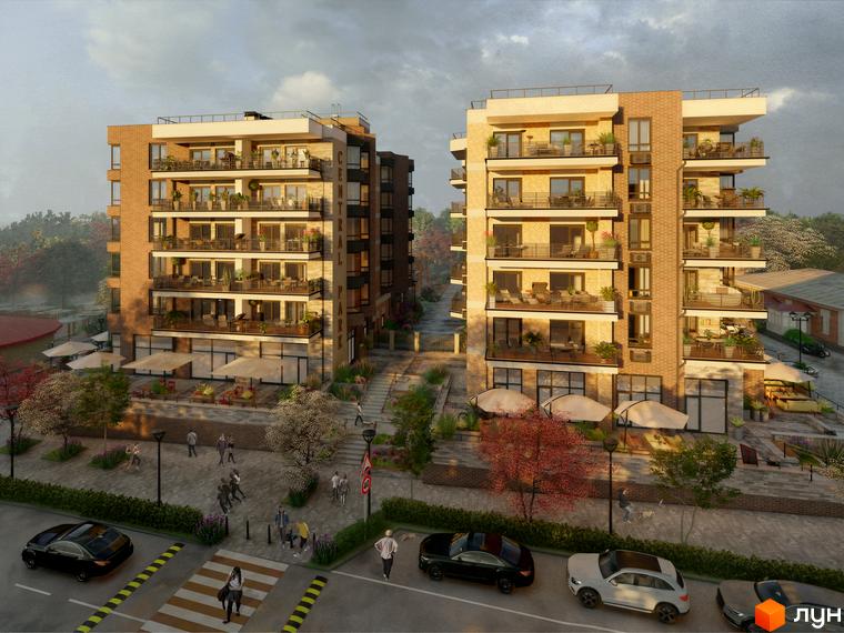 Житловий комплекс CENTRAL PARK з цегляним фасадом та балконами, оточений зеленою зоною та пішохідними доріжками.