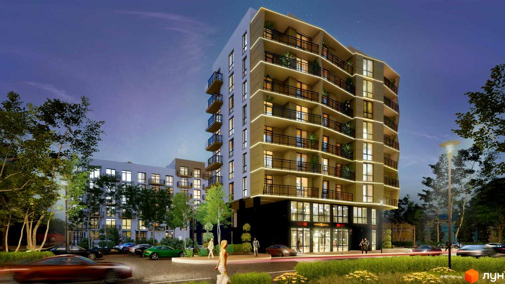 Новобудова ЖК AUROOM SPARK з балконами та освітленням. Навколо будинку розташовані дерева та парковка з автомобілями.