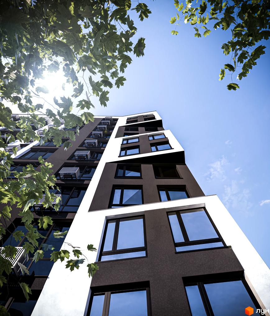 Зображення фасаду житлового комплексу Паркова Алея з вікнами та кондиціонерами. Вид знизу вгору, видно частину неба та листя дерев.