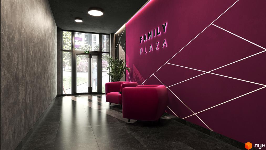 Інтер'єр вхідної групи Житлового комплексу Family Plaza з м'якими кріслами та декоративним оздобленням стін.