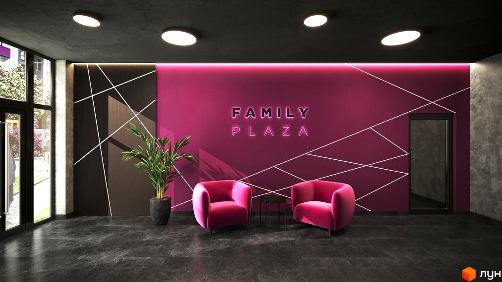 Інтер'єр вхідної групи Житлового комплексу Family Plaza з м'якими кріслами та рослинами. На стіні логотип комплексу.