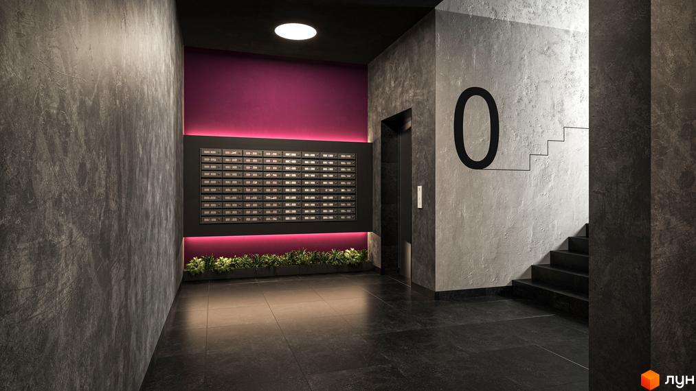 Інтер'єр холу Житлового комплексу Family Plaza з поштовими скриньками, ліфтом та сходами. На стіні велика цифра