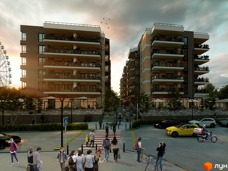 Житловий комплекс CENTRAL PARK – це сучасна новобудова з балконами та терасами, розташована біля дороги з пішохідним переходом та людьми.