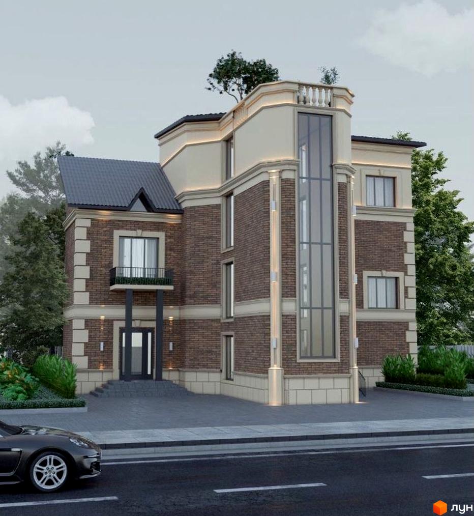 Зовнішній вигляд будинку ЖК Prestige Palace з цегляним фасадом та великими вікнами. На прибудинковій території видно зелені насадження та дорогу з автомобілем.