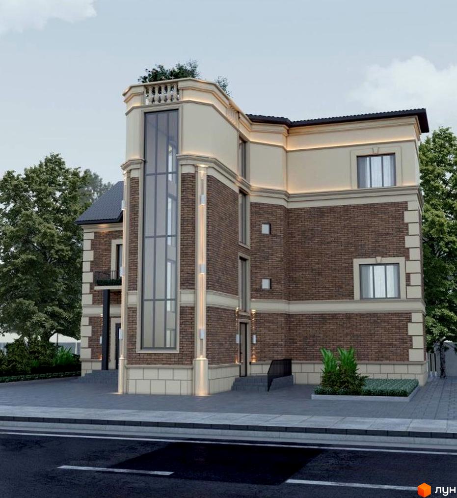 Житловий комплекс Prestige Palace - триповерхова новобудова з цегляним фасадом та великими вікнами, з прибудинковою територією та деревами.