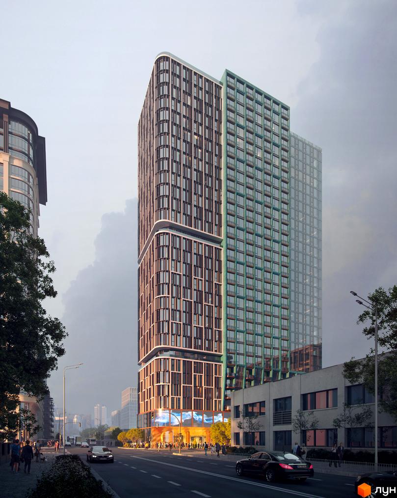 Зовнішній вигляд житлового комплексу на вул. Володимиро-Либідська, 25. Сучасна архітектура з фасадами різних кольорів та великою кількістю вікон.