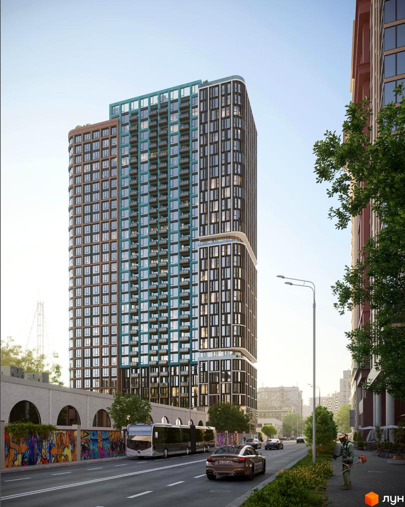 Новобудова на вулиці Володимиро-Либідська, 25 з фасадами з цегли та бірюзових панелей, балконами та міським пейзажем.