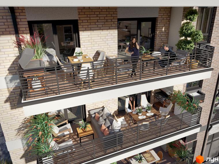 Житловий комплекс CENTRAL PARK - фасади будівель з балконами, на яких розташовані меблі та рослини. На верхньому балконі двоє людей, на нижньому - одна людина.