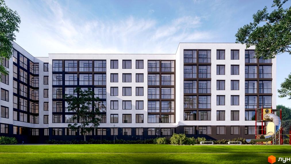 Житловий комплекс Вулецька/Горішній 2 з білими фасадами та великими вікнами. На території будинку є зелена галявина та дитячий майданчик.