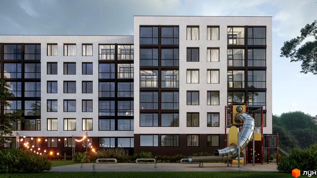 Житловий комплекс Вулецька/Горішній 2: білі будинки з темними вікнами. На подвір'ї розташований дитячий майданчик з гіркою та освітлення.